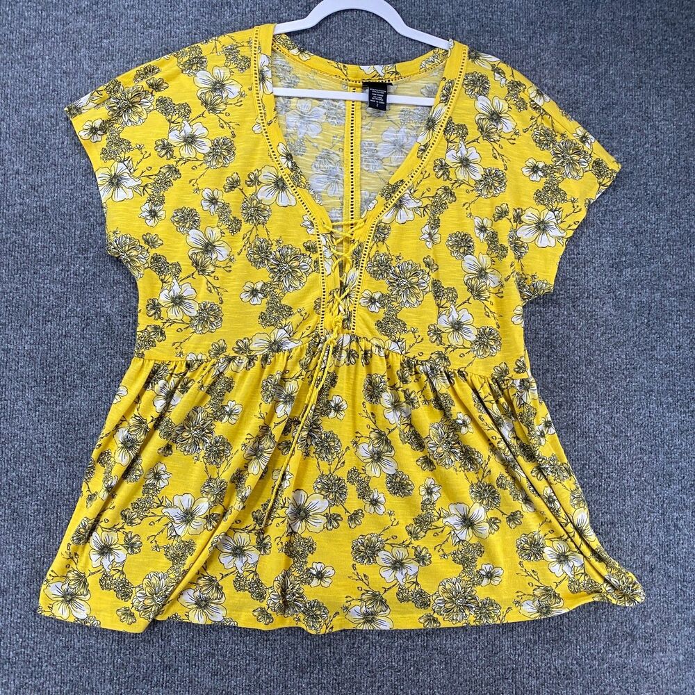 Torrid Womans Blouse Top Womens 2X Yellow Babydoll Cottagecore Peasant Prairie